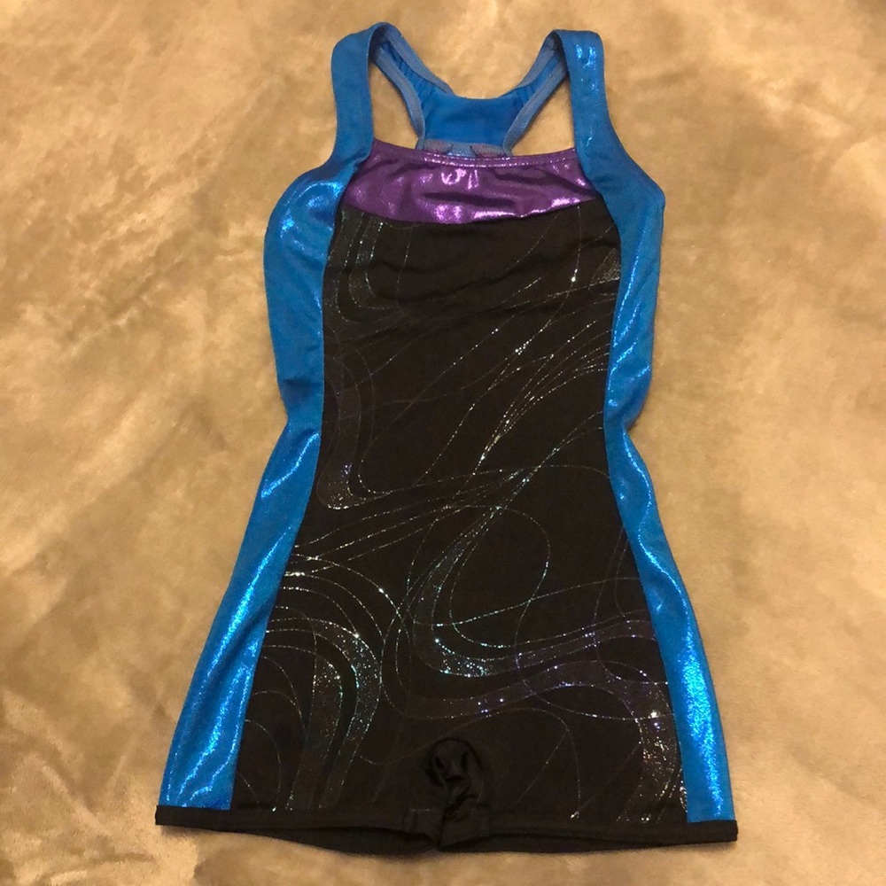 Capezio intermediate girls’ leotard/unitard. Gymnastics, blue, sparkly.